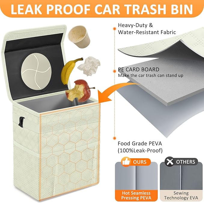 Vankor White Car Trash Can Cute, White Car Accessories for Women Waterproof Automotive Garbage Cans Leak Proof Vehicle Trash Can Diamond Pattern-Beige