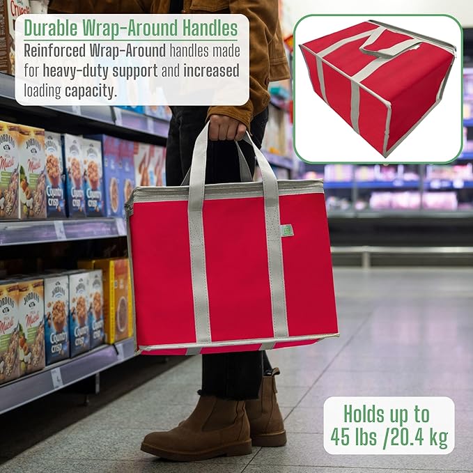 VENO 2 Pack Cooler Bag and Insulated Grocery Bags for Food Delivery, Collapsible Cooler, Reusable Shopping Bags for Groceries with Zipper, Foldable, Heavy-Duty, Stands Upright (Red, 2 Pack)