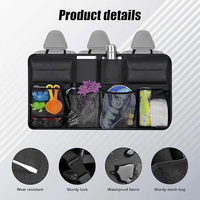 Car Trunk Organizer, Backseat Hanging Trunk Organizers and Storage, Waterproof Collapsible Cargo Storage Bag with 4 Pockets & 4 Mesh Pouches, Car Interior Accessories for SUV, Truck (Black)
