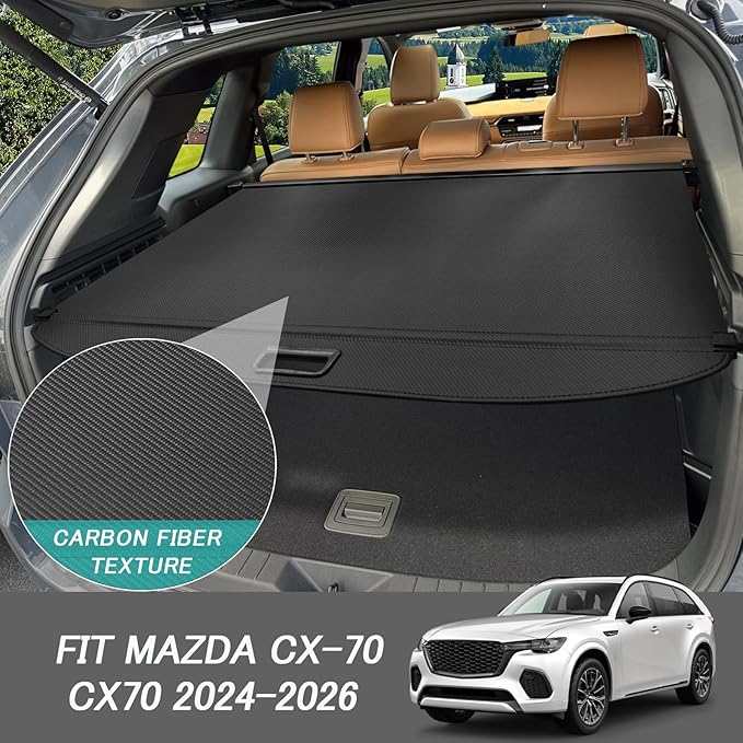 Cargo Cover for Mazda CX-70 CX70 2024 2025 2026 Accessories Retractable Trunk Cover Security Shielding Shade Cargo Luggage Cover Trunk Privacy Protection (Carbon Fiber Texture)