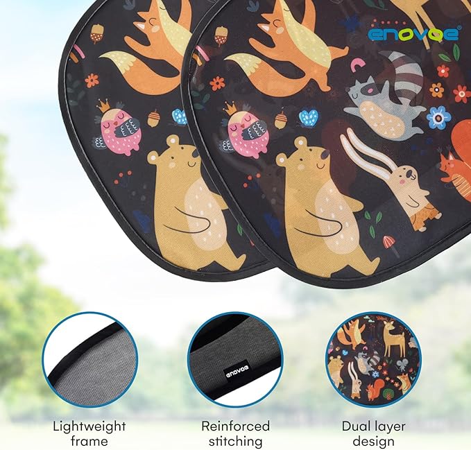 Window Shade-(2 Pack)-XL-25" x 16"-Colorful Cartoon Animal Designs, Cling Car Sun Shade for Windows - Sun, Glare and UV Rays Protection for Your Child - Baby Car Shades for Side Window by Enovoe