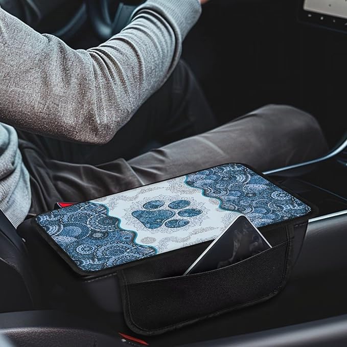 Boho Mandala Dog Paw Pattern Car Armrest Cover with Side Pockets Stretchy Car Armrest Cushion Wear-Resistan Automobile Box Cover Protector Center Console Armrest Cover Pad, Blue