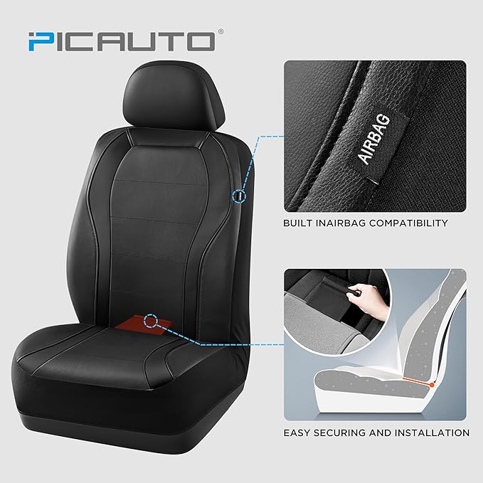 PIC AUTO Leather Car Seat Covers, Premium Automotive Waterproof Two Front Bucket Seat Protectors, Black and Black PVC Patchwork, Fits Cars, Trucks, Vans, SUVs, Airbag Compatible