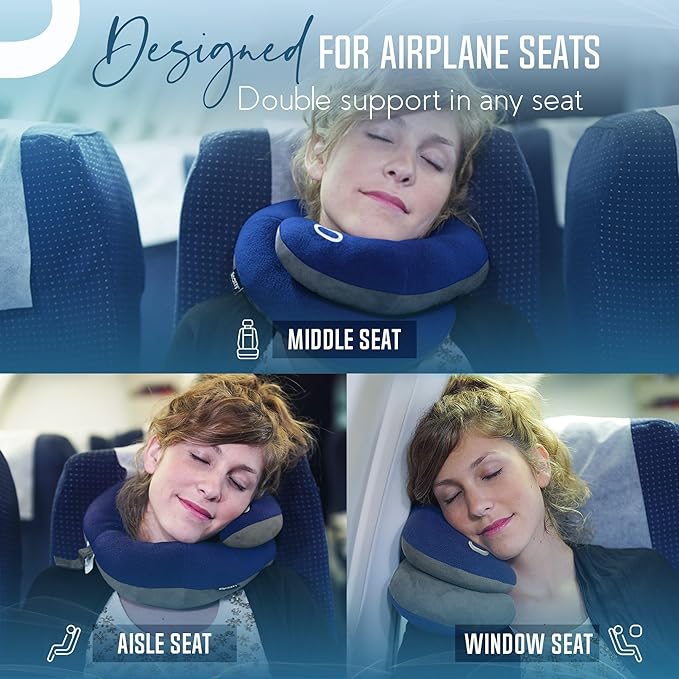 BCOZZY Travel Neck Pillow for Airplane– Patented Double Support for Head, Neck, and Chin. Best for Long Flights, Plane Sleeping, and Car Rides. Adjustable Size. Fully Washable. Carry Bag. Large, Black