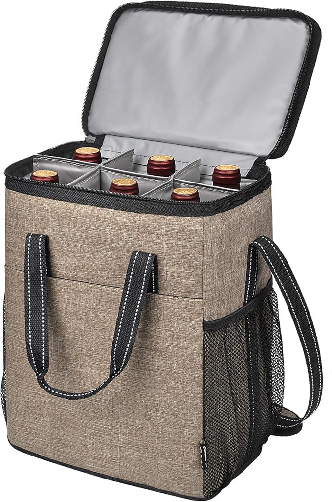 Tirrinia 6 Bottle Wine Gift carrier, Insulated Leakproof Padded Wine Cooler Carrying Tote Bag for Travel, Camping and Picnic, Perfect Wine Lover Gift, Beige