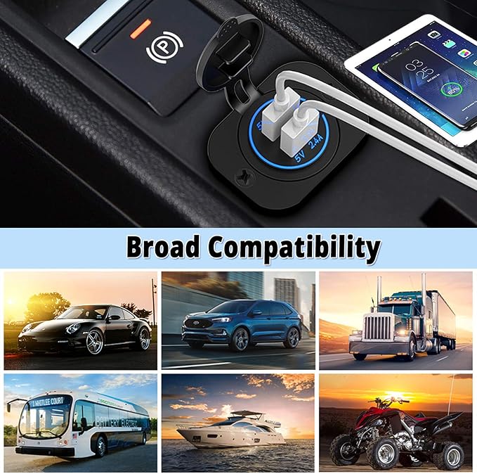 Dual USB Socket 12V Marine Outlet with Switch Golf Cart USB Port 12 Volt DC Car Charger Mount Waterproof Cigarette Lighter Power Adapter DIY Kit Fast Charge with Blue LED for Boat Motorcycle ATV RV