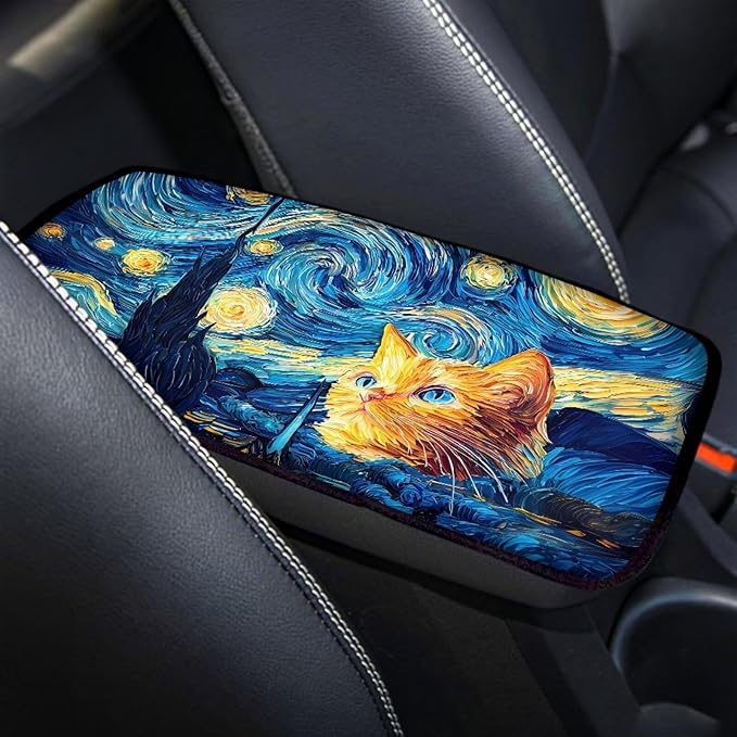 Car Center Console Pad for Women Men, Universal Oil Painting Starry Sky Cat Auto Armrest Box Protector for Most Cars SUV Trucks Vans