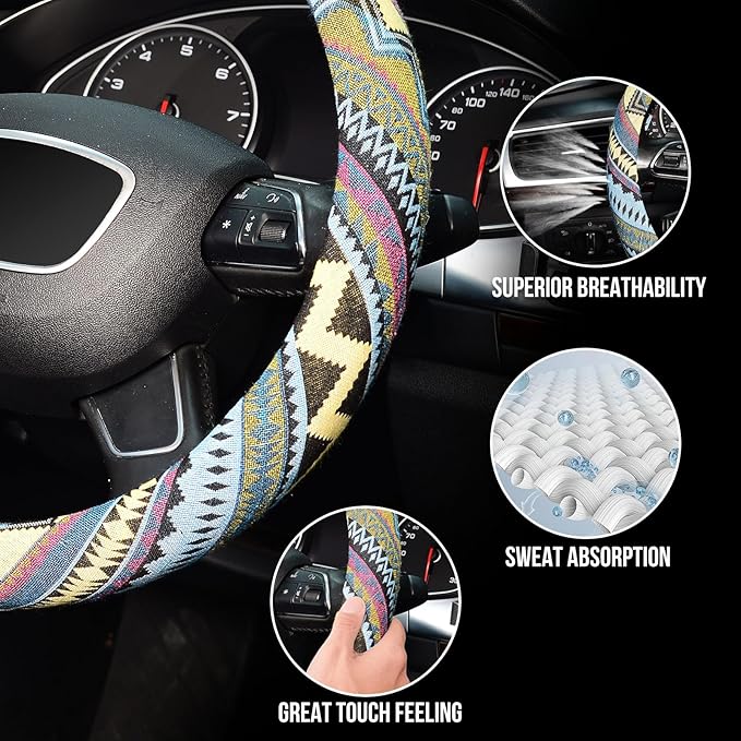 KAFEEK Boho Steering Wheel Cover for Men Women,Ethnic Style, Breathable, Anit-Slip, Car Steering Wheel Protector Cloth Bohemian Universal Fit 14.5-15 Inch