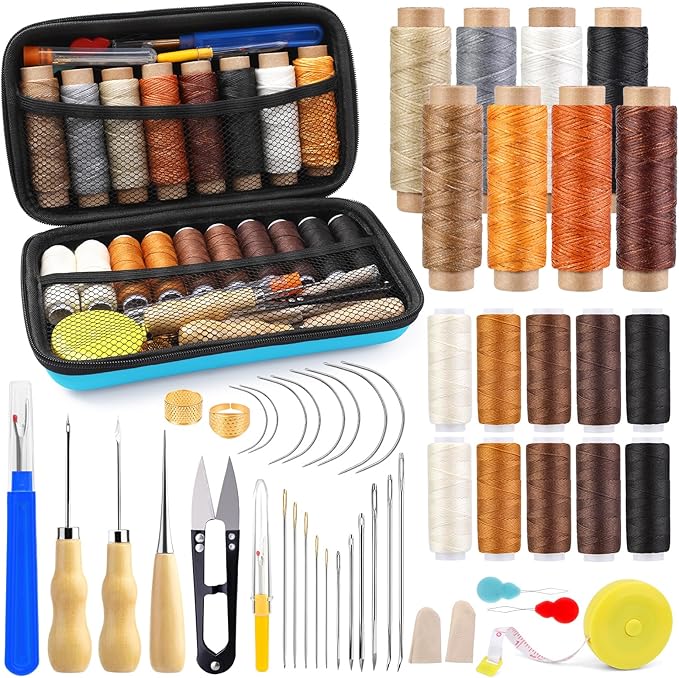 Morfen Upholstery Repair Kit, 71 Pcs Leather Sewing Kit, Leather Stitching Kit with Upholstery Thread, 3 Sewing Awl, Hand Sewing Stitching Needles, for Carseat Sofa Craft DIY