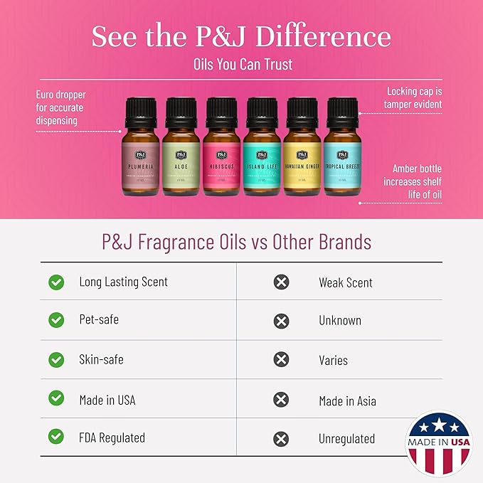 P&J Trading Fragrance Oil Hawaiian Set | Hibiscus, Island Life, Hawaiian Ginger, Tropical Breeze, Plumeria, Aloe Scents for Candle Making, Freshie, Soap Making Supplies, Diffuser Oil Scents