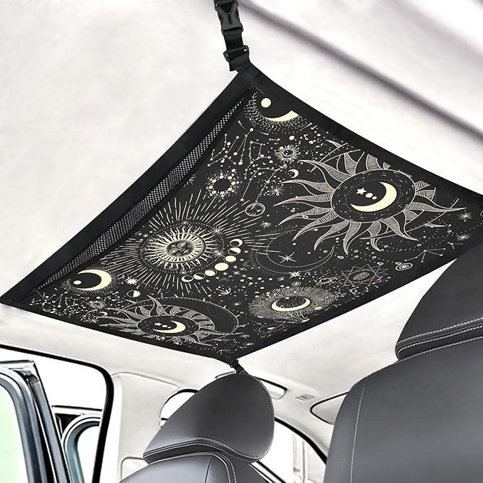 Planet Car Ceiling Cargo Net Pocket Hanging Storage Bag with Zipper 31.5"x21.6" Double-Layer Mesh Car Roof Storage Organizer Long Road Trip Truck SUV Travel Camping