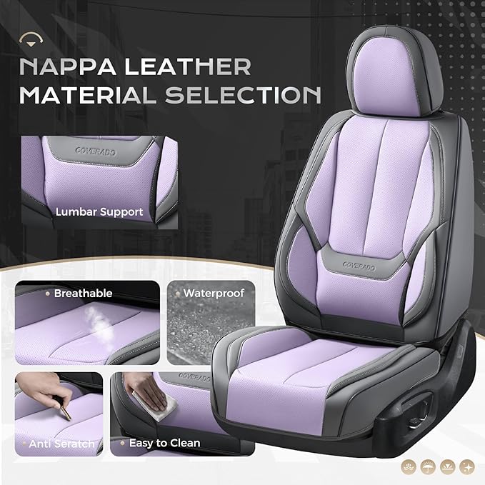 Coverado Seat Covers, Car Seat Covers Front Seats, Leather Seat Covers for Cars, Car Seat Protector Waterproof, Gray Car Seat Cushion, Front Carseat Cover Universal Fit for Most Cars Purple
