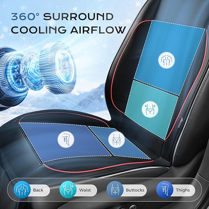 Coverado Cooling Car Seat Cushion, Universal Front Seat Cover 12V-24V Ventilated 3D Mesh Breathable Pad with 3 Speed Mode Dual Fan for Cars SUV Heatwave Driving Black&Red
