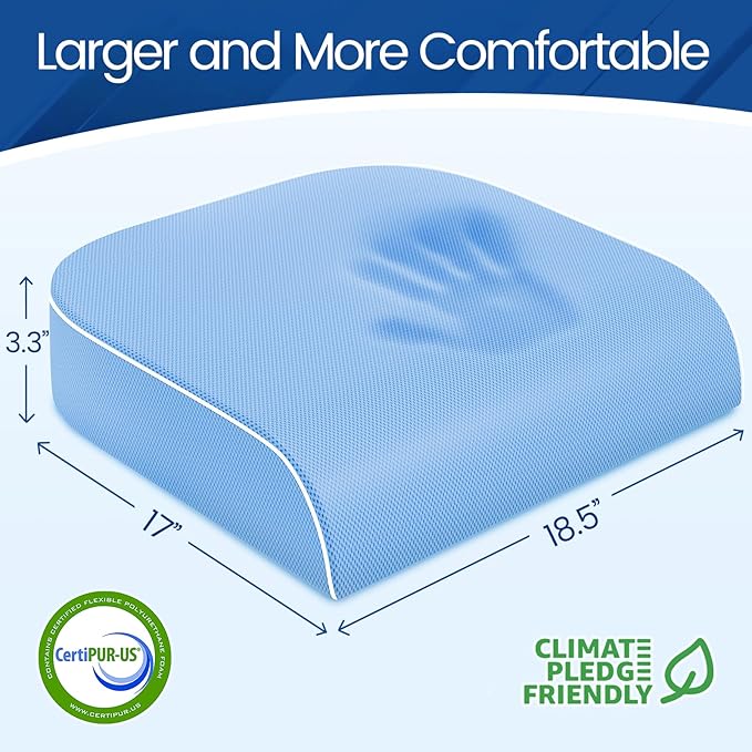 Seat Cushion for Tailbone Pain Relief, Office Chair Cushion, Memory Foam Large Chair Cushion with Non-Slip Cover for Soft Support at Office Chair, Car Seat, Airplane Light Blue/X-Large