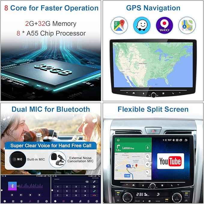 Double Din Car Stereo Wireless Apple CarPlay Android Auto,10 in Android Car Radio Head Unit with QLED Touchscreen, Bluetooth,WiFi, GPS Navigation, FM/USB/SWC/AUX/Subwoofer
