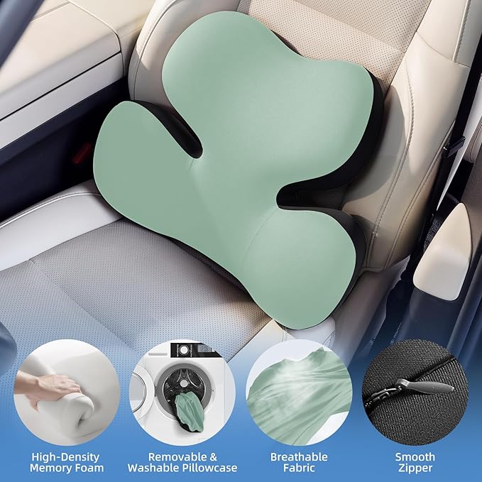 BEBAS Lumbar Support Pillow for Car, Ergonomic Memory Foam Back Cushion for Driving, Lower Back Support for Pain Relief, Lumbar Cushion for Car Seats, Office Chairs, Wheelchairs - Green