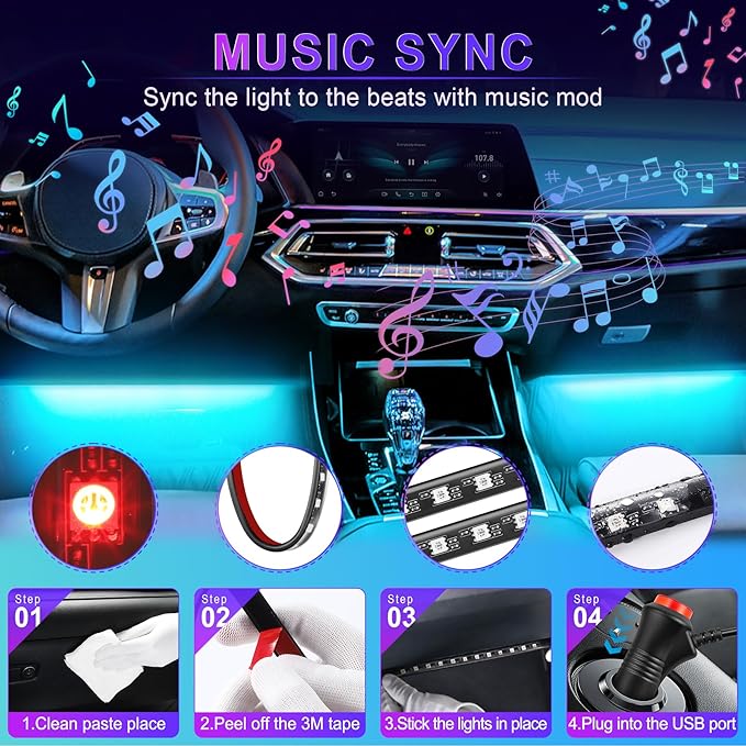 LivTee Smart Car Interior LED Lights, RGB Ambient Strip Lights with App, Remote & Controller Buttons, DIY & Music Sync Modes, 2-Line Design, Gift-Ready Car Accessories for Women & Teens