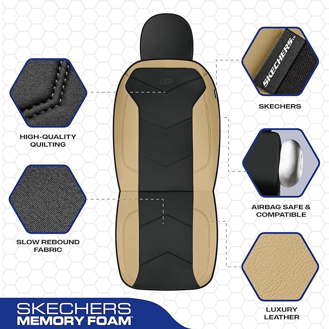 Skechers Memory Foam Seat Covers,Leather Car Seat Covers, Ultimate Comfort & Support Seat CoversFull Sets,Airbag Compatible, Automotive Universal Fit Most for SUVs, Vans, Sedans, Cars, Trucks,Beige