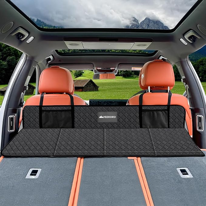 Car Rear Seat Mattress Extension Plate, Foldable Car Back Seats Extender for Sleeping, Increase Travel Trunk and Camping Bed Camping Space for SUV, Model Y/3(Upgraded Leather)