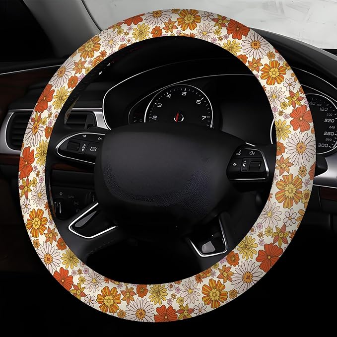 Car Steering Wheel Cover, Universal 15 Inch Neoprene Non-Slip Steering Wheel Covers, Funny Car Accessories for Women Men Fit Auto, Suvs, Truck Cute Boho Colorful Flowers