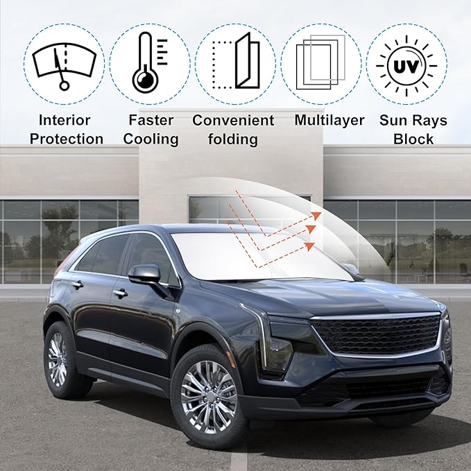 Windshield Sun Shade Custom Fit for 2019 2020 2021 2022 2023 2024 2025 Cadillac XT4 Accessories Foldable Sunshade Sun Blocker Protect Car from Sun Rays & Heat Damage Keep Car Cooler