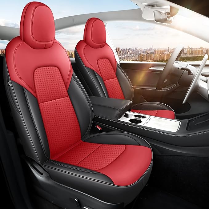Tesla Model Y Seat Cover 2020-2024 Waterproof Nappa Leather Seat Cover Fully Wrapped (TY-Red+Black)