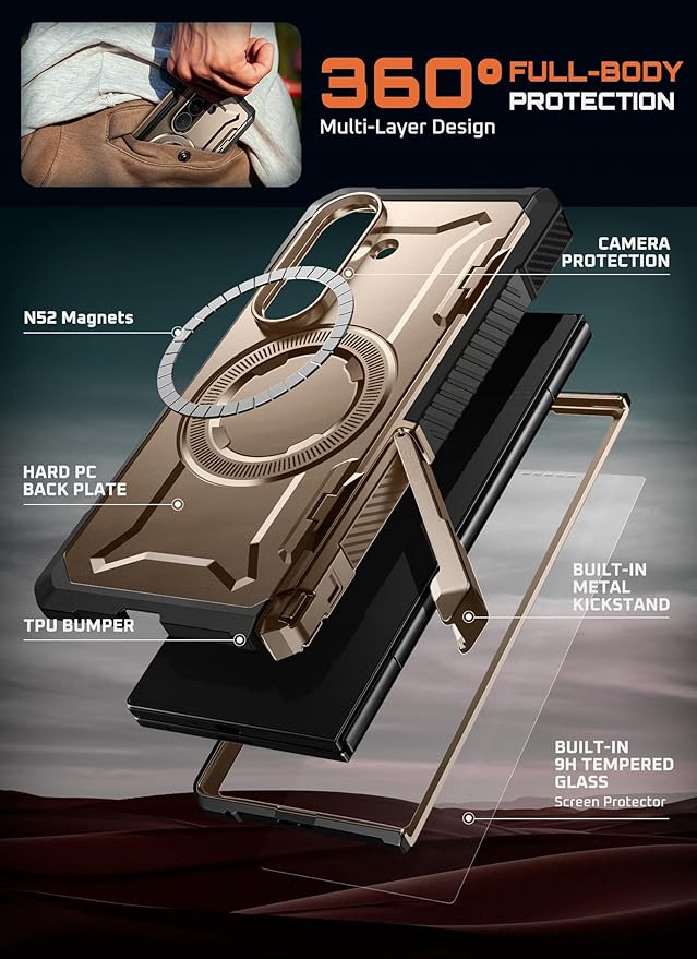 SUPCASE for Samsung Galaxy Z Fold 7 Case with Kickstand (UB Grip), [Compatible with MagSafe] [Built-in Tempered Glass Screen Protector] [Hinge Coverage] Military-Grade Protection Phone Case, Desert