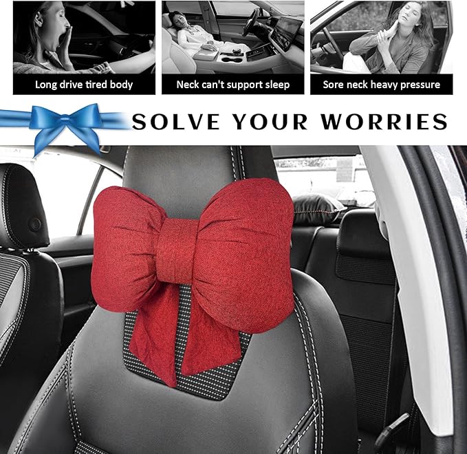 Sun Walker Bow Car Headrest Pillow, Breathable Bow-Shaped Vehicle Neck Pillow with Adjustable Strap, Ergonomic Neck Support Cushion Driving Seat Decoration for Women Girls (Red)