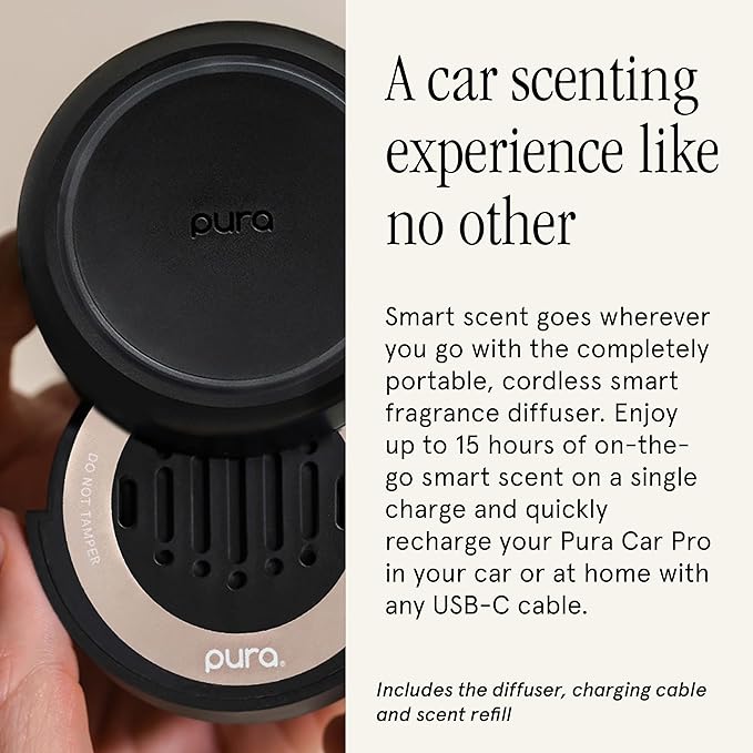 Pura Car Pro - Smart Fragrance Diffusion - Rechargeable & Cordless Fragrance Diffusion - Portable Smart Car Diffuser with USB-C Cable - Start & Stop Accelerometer Detects Motion - New Car Fragrance