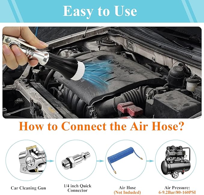 GOCCIDA Mini Tornado Air Gun with Detachable Brush,Vortex Cleaning Gun Trumpet Head High Pressure Dryer Blow Gun,Car Cleaning Air Gun Kit for Quickly Blasts Dirt