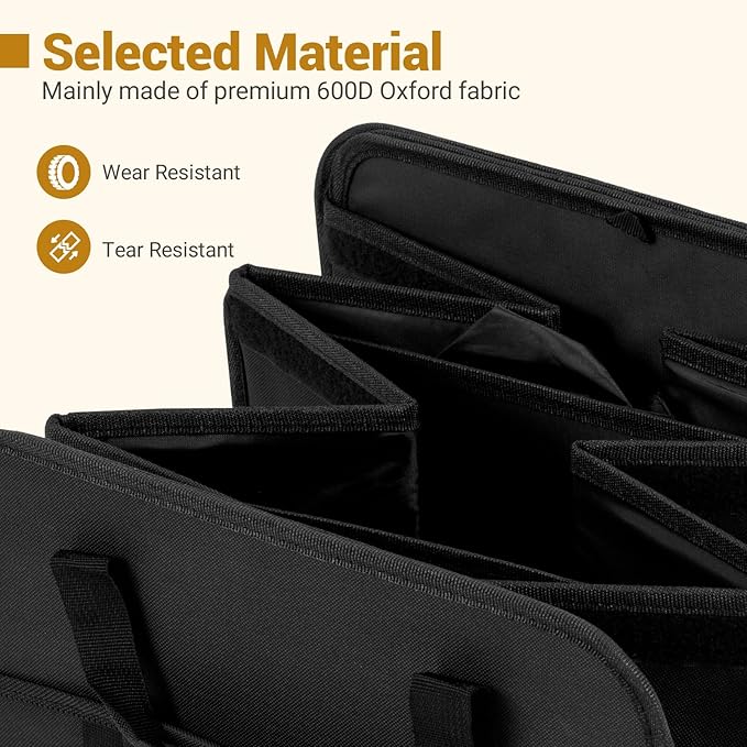 18 Gal Car Trunk Organizer with Lid, 3-Compartment Portable Storage Box with Leakproof Cooler Bag, Shoe Storage, Dividers & Adjustable Securing Straps, Collapsible Trunk Organizer for SUV,