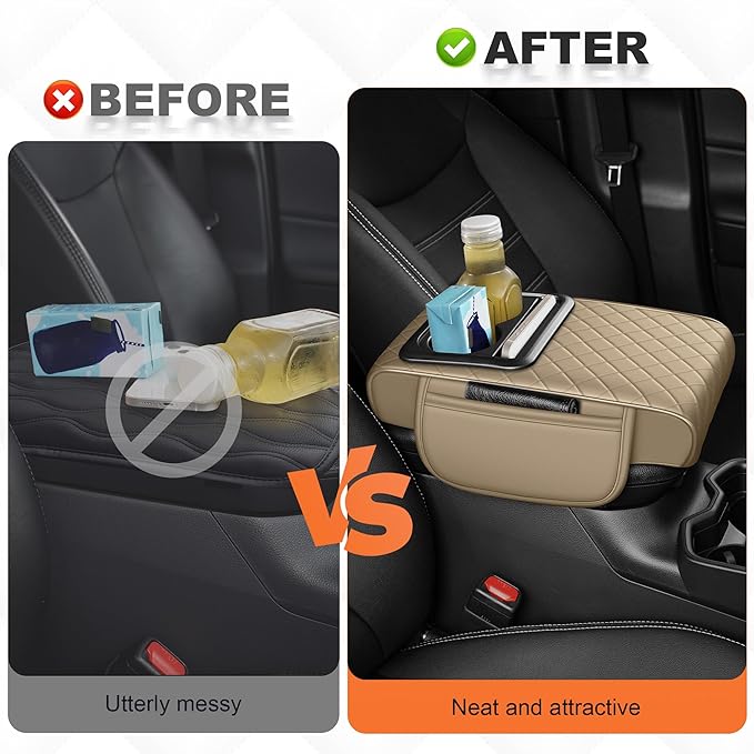 Center Console Cover Fit for Kia Sorento 2003-2025 with 2 Storage Bags Waterproof Leather Quilted Pattern Car Armrest Cover Cushion Elevating Pad Anti-Slip(Beige)