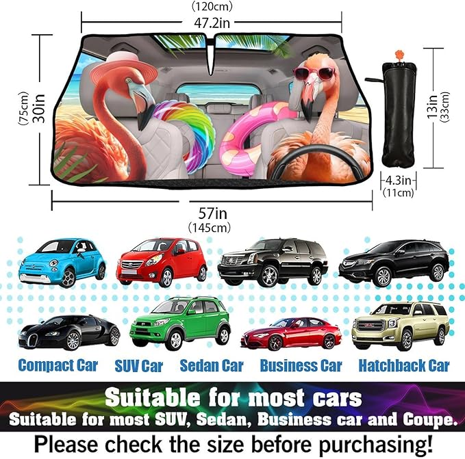 Funny Flamingo Driving Car Windshield Sunshade Umbrella Funny Flamingos Sun Shade for Car Windshield Umbrella Upgraded Sunshades Blocks UV & Heat Front Window Shades for SUV Sedan Auto