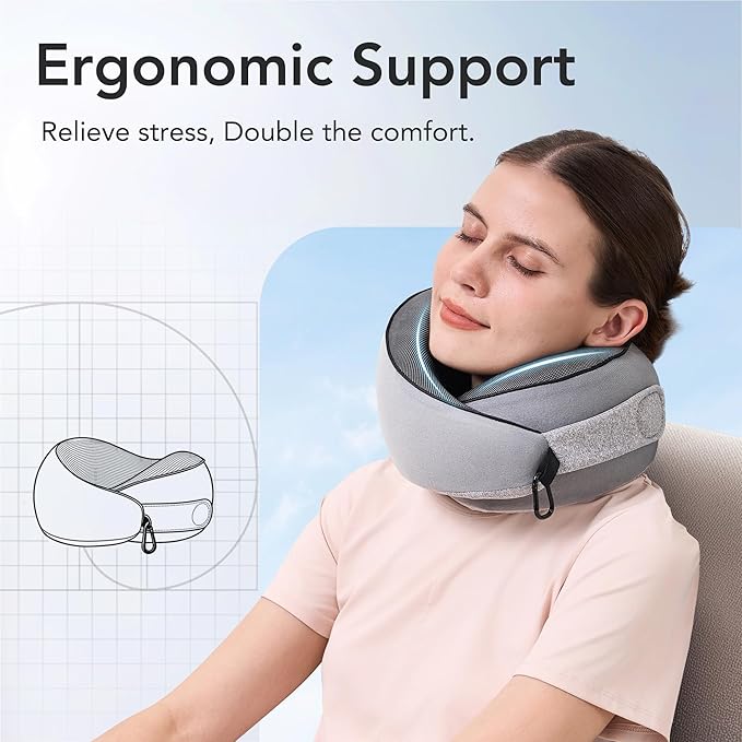 Travel Pillow, 100% Pure Memory Foam Travel Neck Pillow Airplane Neck Support Ergonomic Design for Traveling Suitable for Airplanes,Offices and Cars-Gray