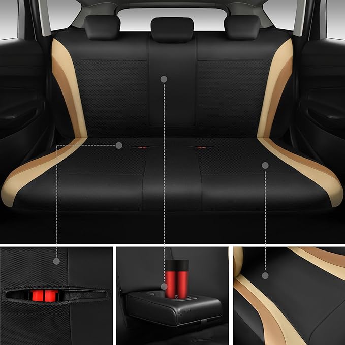 CAR PASS Line Rider Leather Car Seat Covers Sporty Car Seat Covers Full Set,5mm Composite Sponge,Airbag Compatible,Universal Fit 95% Automotive SUV Sedan(Black Beige)