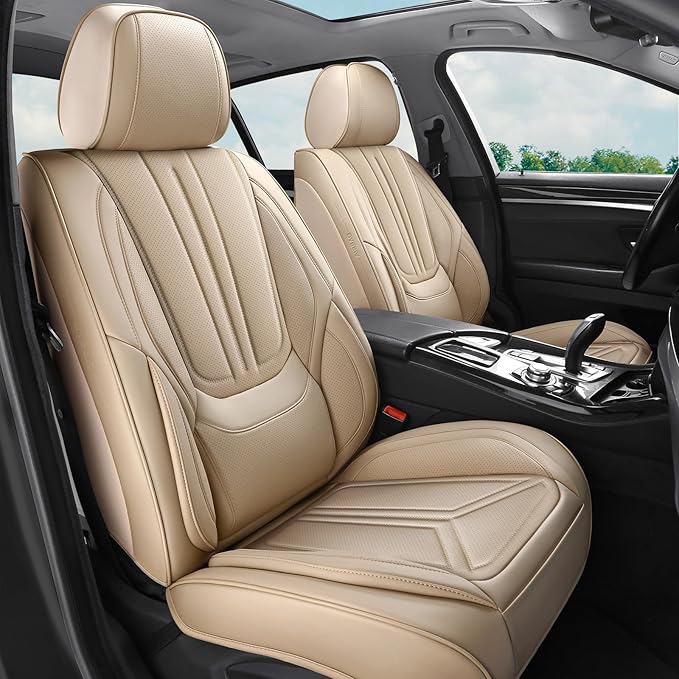 Car Seat Covers, Premium Leather Car Seat Covers, Waterproof and Breathable Seat Covers, Universal Car Seat Protector Fit for Cars, Trucks, SUVs, Pick-ups (Beige, FullSet)