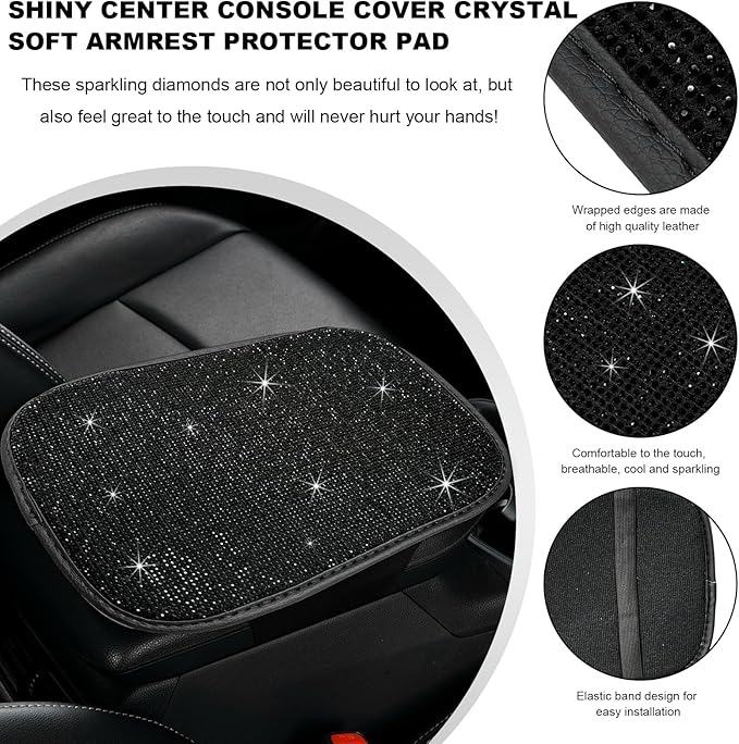 Bling Car Armrest Cover, 11.8"×8.5" Crystal Rhinestone Auto Center Console Protective Cover, Bling Charming Arm Rest Cushion Pad for Most Cars SUVs Trucks, Car Accessories (Black)
