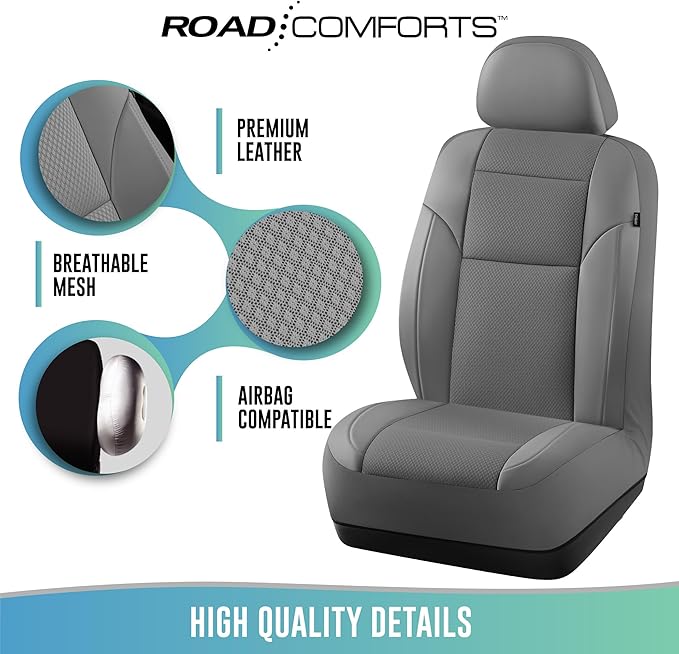 Road Comforts Front Leather Mesh Car Seat Cover - Breathable & Stylish, Airbag Compatible, Universal Fit for Cars, SUVs, Trucks, and Vans - Gray Color
