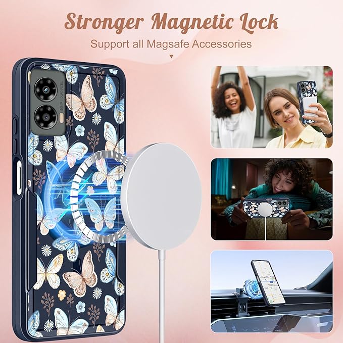 for Moto G 5G 2024 Case - Compatible with MagSafe Women Girls Cute Magnetic Protective Phone Cover Kawaii Girly Blue Butterfly Heavy Duty Shockproof Design for Motorola Moto G 5G 2024 Cases