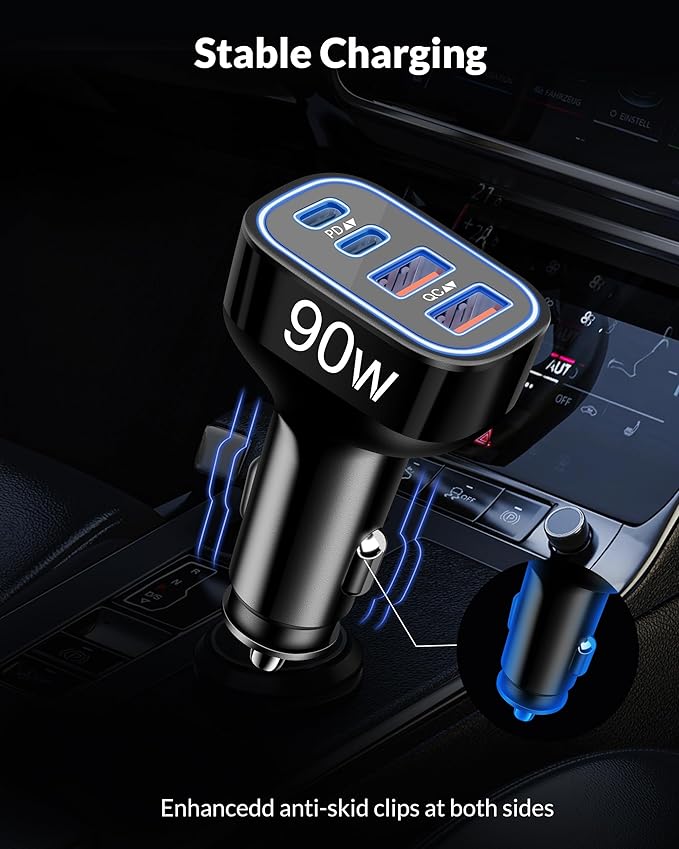 [4 in 1] USB C Car Charger, 4-Port 90W Super Fast Charging Cigarette Lighter USB Charger Multiport Car Phone Adapter Accessories for iPhone 17 16 15 14 13 12 Pro Max, iPad, Galaxy S26 S25 S24, Android