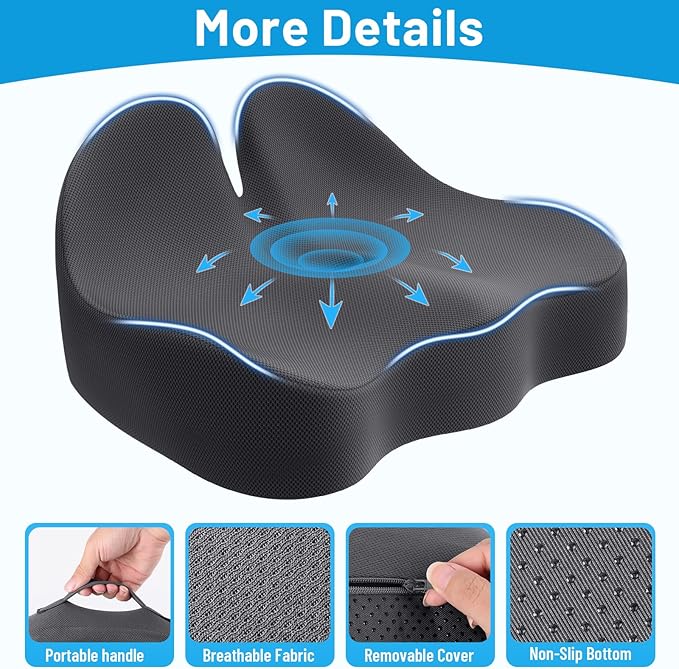 Memory Foam Seat Cushion for Office Chair, Ergonomic Coccyx Cushion for Desk Chair, Tailbone Support Pillow for Long Sitting, Non-Slip Seat Pad for Home, Car, Gaming Chair (Grey, X-Large)