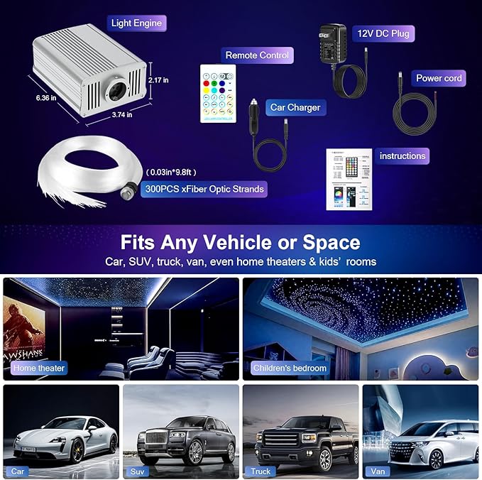 VASTFIRE Starlight Headliner Kit - 300pcs 0.03in 9.8ft Fiber Optic Star Lights for Car with 16W RGBW, Twinkle & Music Sync, APP/Remote Control for Car Roof/Bedroom Ceiling