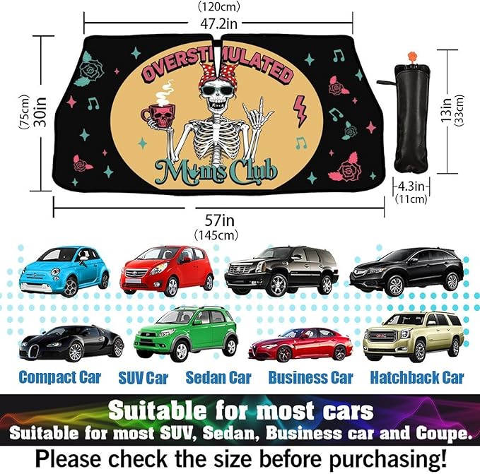 Socira Moms Funny Club Skull Car Windshield Sunshade for Mother Umbrella Foldable Visor Umbrella Cool Sun Shade Cover Sunshade Front Window Cover Car Accessories Mother's Birthday Gifts (57" X 30")