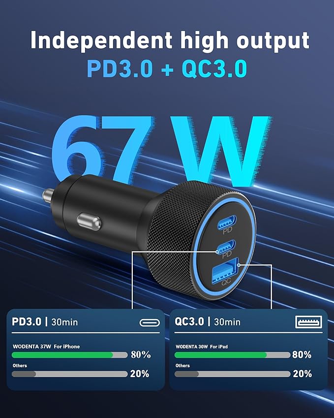 WODENTA for iPhone 17/16/15 Pro Max Car Charger, 67W 3-Port Fast USB C Car Charger Power Cigarette Lighter Adapter with 3FT USB C to C Cable for iPhone 17/17 Pro/Air/17e/16/15 Pro Max/Plus/16e, iPad