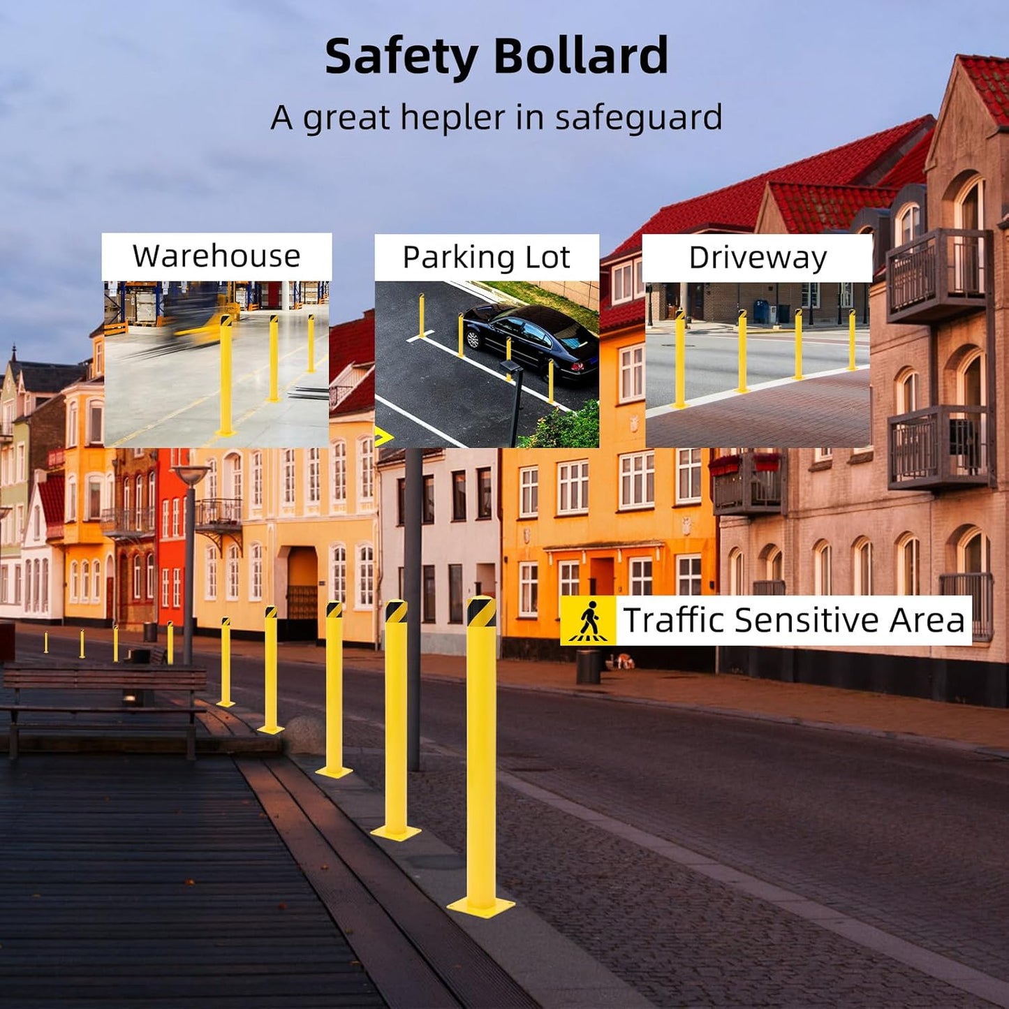 Safety Bollard 2 Packs, 48 Inch Height Steel Bollard Post for Parking Lot, 4.5 Inch Diameter Pipe, Yellow Safety Bollard Post with 16 Anchor Bolts, Ideal for Traffic-Sensitive Areas, Driveway Barrier