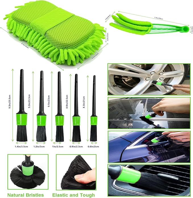 Car Detailing Kit-Car Wash Kit-Detailing Brush Set- Cleaning Kits with Windshield Cleaner and Wash Sponge-Car Interior Cleaning Kit-Car Cleaning Supplies for Windows, Dashboard, Air Vents (green)