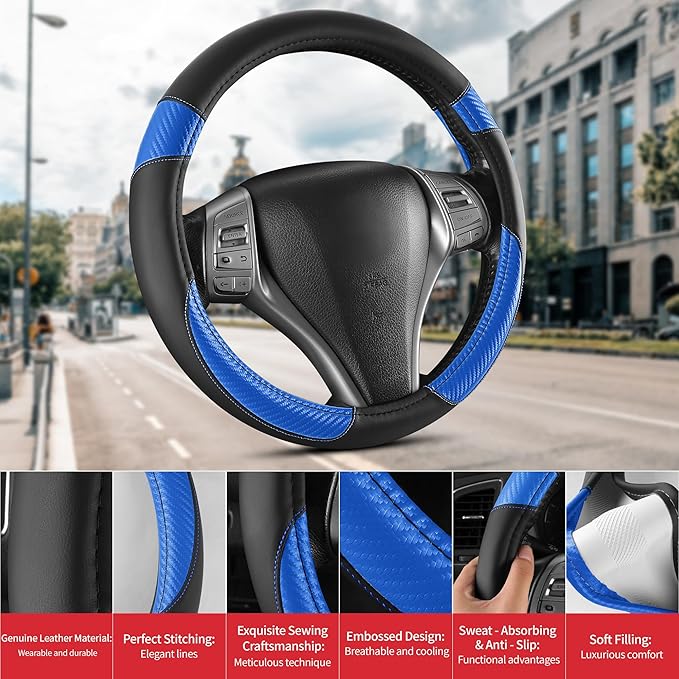 Non-Slip Car Nappa Leather Steering Wheel Cover,Universal Car Accessories Women Men Fit 14" 1/2-15" Suvs/Vans/Sedans/Cars/Trucks,Blue