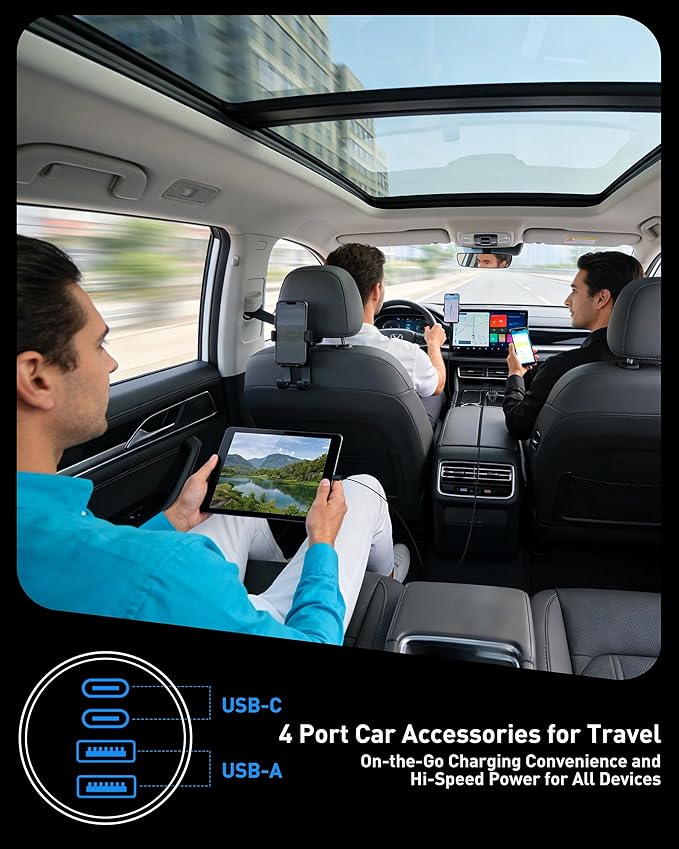 USB C Car Charger, 90W 4-Port Super Fast Charging Car Charger Adapter Dual USB-C & USB-A Cigarette Lighter with 240W Type C to C Cable Cord for Samsung Galaxy S25/S24/S23/S22/S21 Ultra, Android Phone
