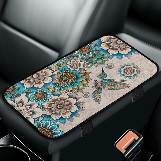 Hummingbird Armrest Cover for Car Elastic Car Center Console Cushion Pad Full Coverage Mandala Interior Accessories Prevent Scratching Universal Size Seat Arm Rest Cover
