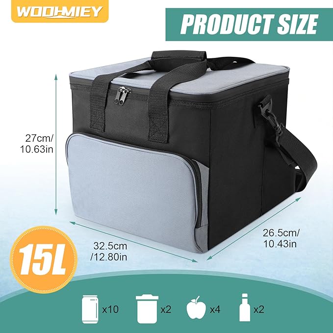 15L Portable Electric Cooler Bag,Car Cooler Watertight Liner Bag, Soft Sided Thermoelectric Travel Cooler with Shoulder Strap, Storage Pocket & DC 12V Plug in for